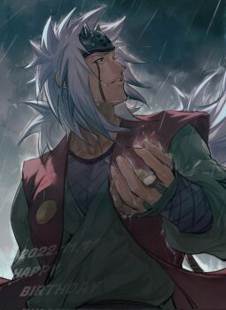 1boy commentary facial_mark flak_jacket forehead_protector green_haori haori highres jacket japanese_clothes jiraiya_(naruto) long_hair male_focus mine00451 naruto_(series) solo spiked_hair whisker_markings white_hair