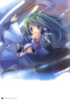 1girl absurdres armpits blue_eyes detached_sleeves female_focus frog_hair_ornament gohei green_hair hair_ornament hair_tubes highres japanese_clothes kochiya_sanae light_particles long_hair long_sleeves looking_at_viewer midriff miko navel oonusa pop scan shirt skirt skirt_set snake_hair_ornament solo touhou vest wide_sleeves
