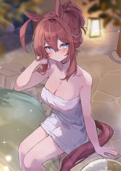 1girl ahoge animal_ears blue_eyes blush breasts brown_hair bucket closed_mouth hair_between_eyes hair_over_one_eye highres horse_ears horse_girl horse_tail large_breasts long_hair looking_at_viewer mihono_bourbon_(umamusume) mola_mola onsen solo tail towel umamusume