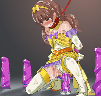 Rule 34 | 1girl, after rape, aftersex, amanogawa kirara, anal, anal object insertion, arms behind back, bare shoulders, bdsm, blush, bondage, boots, bound, bow, breasts, brown hair, clenched teeth, collar, crotch zipper, dildo, dirty, dirty clothes, female focus, go! princess precure, hairband, leash, long hair, object insertion, panties, precure, purple eyes, raitaroo, sex toy, simple background, small breasts, solo, tears, teeth, thigh boots, thighhighs, underwear, yellow hairband, zipper, zipper pull tab