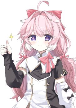 1girl ahoge black_bow black_dress bow commentary dress encore_(wuthering_waves) hair_between_eyes hair_ornament highres hiyoko_(96823534) light_blush long_hair multicolored_dress multicolored_hair pink_bow pink_hair purple_eyes simple_background smile symbol-shaped_pupils thumbs_up white_dress white_hair wuthering_waves x-shaped_pupils