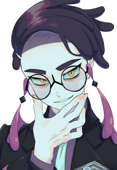 1boy black-framed_eyewear black_hair black_jacket commentary corbeau_(pokemon) eyewear_strap glasses grin hand_on_own_chin highres jacket kntb5722 long_sleeves looking_at_viewer male_focus multicolored_hair necktie nintendo orange_eyes pokemon pokemon_legends:_z-a purple_hair purple_shirt shirt signature simple_background smile solo upper_body white_background white_necktie yellow_eyes