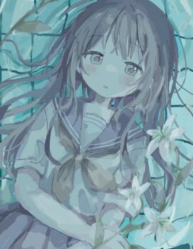 1girl blue_sailor_collar blue_skirt blush flower hair_spread_out hand_on_own_arm highres holding holding_flower long_hair lying neckerchief on_back on_floor open_mouth original parted_lips partially_submerged pleated_skirt pool sailor_collar school_uniform serafuku shirt short_sleeves skirt solo tile_floor tiles white_flower white_serafuku white_shirt yellow_neckerchief yukitomo_(motcha111)