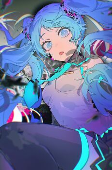 1girl aqua_necktie bare_shoulders black_thighhighs blue_eyes blue_hair commentary_request ghost_rule_(vocaloid) hassan_(sink916) hatsune_miku highres long_hair looking_at_viewer necktie pleated_skirt sidelocks skirt solo thighhighs tongue tongue_out twintails vocaloid