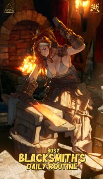 1girl absurdres anvil blacksmith braid breasts cleavage crazyred detached_collar earbuds earphones english_text fire forge furnace gloves glowing_hot hammer highres holding holding_hammer holding_tongs jewelry large_breasts long_hair looking_down multicolored_hair necklace original red_hair solo streaked_hair sweat tongs tools torch