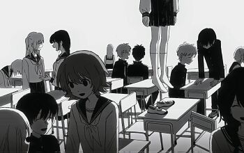 5boys 6+girls chair classroom desk gakuran greyscale hanged highres long_hair long_sleeves monochrome multiple_boys multiple_girls neckerchief nihiru0513 open_mouth original sailor_collar school_chair school_desk school_uniform shoes short_hair simple_background skirt suicide talking two_side_up unworn_shoes white_background
