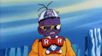1990s_(style) 2boys alcohol android android_15 animated animated_gif anime_screenshot armor aura blue_sky boots bow bowtie brain colored_skin dragon_ball dragonball_z drinking earrings electricity emblem formal_clothes frown glacier gloves ice jewelry lips liquor male_focus multiple_boys pimp punching purple_skin retro_artstyle sky smile snow suit sunglasses super_saiyan vegeta violence wire