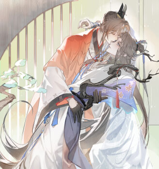 1boy 1girl absurdres arm_around_shoulder assertive_female bead_necklace beads bijia black_gloves blue_eyes blue_tunic branch brown_hair chinese_clothes chinese_commentary closed_eyes closed_mouth coat code:_kite commentary_request couple curtained_hair daxiushan dong_feng_(code:_kite) eyepatch feet_out_of_frame gloves green_background guanglingwang hair_ribbon hand_on_another's_back hand_on_own_hip hanfu hetero highres jewelry kiss kissing_eye leaning_back leaning_forward long_hair long_sleeves looking_at_another moon_gate necklace one_eye_covered orange_coat parted_bangs pine_tree reverse_trap ribbon robe sash short_hair smile standing surprised tassel topknot tree tunic very_long_hair waist_sash white_hanfu white_robe wide_sleeves xiao_guan_(headdress) yichun583