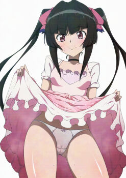 1girl a_k_g_e_0325 absurdres black_hair blush bow bow_panties breasts cameltoe closed_mouth clothes_lift commentary_request curtsey dress dress_lift eyebrows_hidden_by_hair grey_background hair_ribbon highres lifting_own_clothes looking_at_viewer panties pantyshot pink_dress pink_ribbon purple_eyes ribbon senki_zesshou_symphogear simple_background small_breasts smile solo sweat tsukuyomi_shirabe twintails underwear white_panties