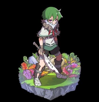 1boy ahoge bandaged_hand bandaged_leg bandaged_wrist bandages black_background capelet closed_mouth full_body fur-trimmed_capelet fur_trim grass green_hair grey_shorts hair_between_eyes highres holding holding_sword holding_weapon ivy karokaro_(merc_storia) leaf merc_storia merc_storia_art_team official_art purple_eyes rock shirt short_hair shorts simple_background sleeveless sleeveless_shirt solo standing sword tachi-e tsurime v-shaped_eyebrows weapon white_capelet white_shirt