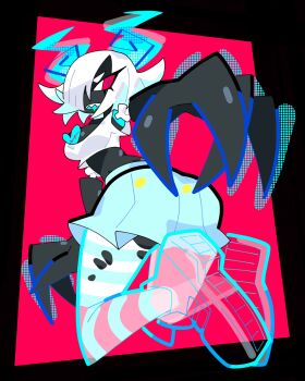 absurdres ass ass_focus asuke_(bourbunbun) black_skin blue_fire blue_skirt bone bourbunbun claws colored_skin drooling fire ghost halftone highres midriff one_eye_covered original red_eyes see-through_body sharp_teeth shirt shoes skirt sneakers socks striped_clothes striped_socks teeth white_hair white_shirt