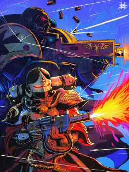 Rule 34 | 1boy, 1girl, adepta sororitas, adeptus astartes, armor, black templars, blue sky, bolter, commentary, english commentary, firing, flamethrower, fleur-de-lis, height difference, highres, holding bolter, hushpuppyart, imperial aquila, pauldrons, power armor, purity seal, ricocheting, robe, sallet, shell casing, shoulder armor, size difference, sky, warhammer 40k, weapon