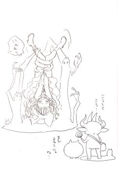 Rule 34 | 1girl, 2boys, animal ears, bow, braid, candy, cat (nyanko daisensou), cat ears, claws, demon horns, embarrassed, food, highres, hood, horns, li'l nyandam (nyanko daisensou), lollipop, minya (nyanko daisensou), multiple boys, murayamawataru, nyanko daisensou, pulling own clothes, shoes, spirit, thighs, upside-down