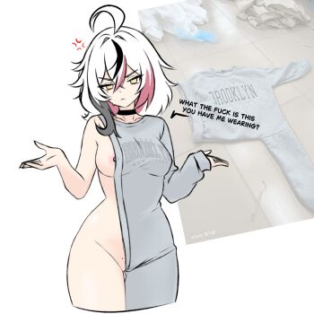 absurdres ahoge anb_(anb_draws) annoyed asymmetrical_clothes black_streaks breasts brooklyn_sweater_(meme) choker english_text eyeliner highres huge_ahoge makeup medium_breasts medium_hair meme minami_(anb_draws) mole mole_on_pussy mole_under_eye multicolored_hair nipple_slip nipples original profanity pussy pussy_peek red_eyeliner red_streaks shrugging sideboob sketch speech_bubble streaked_hair sweater white_hair yellow_eyes