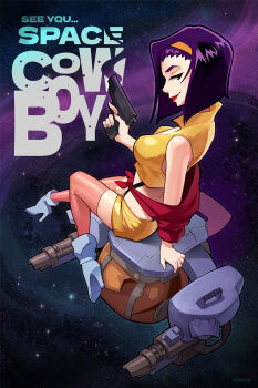 1girl artist_name boots breasts cowboy_bebop english_text faye_valentine finger_on_trigger green_eyes gun hairband handgun high_heel_boots high_heels highres holding holding_gun holding_weapon medium_breasts mrpenning pink_thighhighs purple_hair science_fiction short_hair short_shorts shorts sitting sleeveless smile solo space spacecraft star_(sky) thighhighs weapon yellow_hairband yellow_shorts