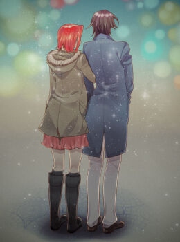 1boy 1girl black_hair blue_coat boots christmas coat code_geass from_behind full_body green_coat hetero hood hooded_coat kouzuki_kallen lac. lelouch_vi_britannia locked_arms red_hair red_skirt shoes short_hair skirt snowing sparkle sparkle_background winter_clothes