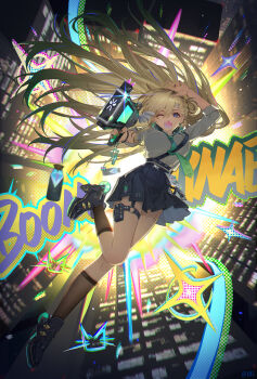 absurdres arms_up black_shoes black_skirt black_socks blonde_hair blue_eyes blue_shrimp building chewing_gum chinese_commentary commentary_request dorsiflexion english_text falling full_body gun gyaru highres holding holding_gun holding_weapon long_hair lynae_(wuthering_waves) necktie one_eye_closed purple_eyes shirt shoes skirt smile socks star_(symbol) stocks thigh_strap weapon white_shirt wuthering_waves