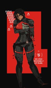 1girl amputee android aracn0 arm_across_chest belt black_border black_hair blood blood_from_forehead blood_on_face blue_eyes border commentary elster_(signalis) english_commentary exposed_bone full_body highres mechabare nosebleed outside_border red_background ribs short_hair signalis skin_seams solo standing