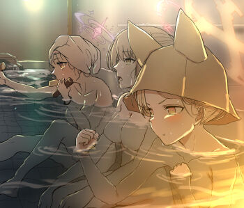 3girls :t alternate_hairstyle animal_ear_headwear blonde_hair blue_archive blush breasts brown_hair cake clenched_hands closed_mouth cold collarbone commentary completely_nude cross_halo fake_animal_ears feet_out_of_frame flat_chest food gaijin_4koma_(meme) halo highres holding holding_food indoors knee_up large_breasts medium_breasts meme mika_(blue_archive) multiple_girls nagisa_(blue_archive) no_nipples nude open_mouth partially_submerged pink_eyes pink_halo pool seia_(blue_archive) shitsugaikotsu side-by-side sitting swiss_roll tea_party_(blue_archive) tile_floor tiles towel towel_on_head trembling upper_body v-shaped_eyebrows wet yellow_halo