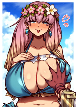 1girl absurdres assertive_female bikini blue_eyes blush breasts earrings fire_emblem fire_emblem_heroes flower grabbing_another&#039;s_breast gradient_hair groping gunnthra_(fire_emblem) hair_flower hair_ornament highres huge_breasts jewelry long_hair multicolored_hair navel nikuatsu_magician_shinbo nintendo pink_hair swimsuit tongue tongue_out