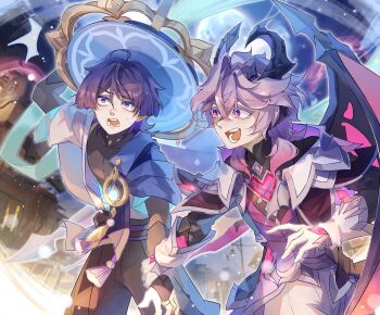 2boys arm_at_side arm_up armor belt black_belt black_bodysuit black_bow black_horns black_shirt black_shorts blue_gem blue_hat blue_kimono blue_sleeves blunt_ends bodysuit bow bridal_gauntlets bright_pupils building chest_jewel cleavage_cutout clothing_cutout colored_eyelashes covered_collarbone crossed_bangs crystal curtained_hair diamond-shaped_pupils diamond_(shape) dragon_boy dragon_horns durin_(genshin_impact) eyeliner eyeshadow feathers full_moon gem genshin_impact glint gloves gold grey_bridal_gauntlets hair_between_eyes hat highres holding_another's_wrist horns japanese_armor japanese_clothes jingasa juban kimono kote kurokote layered_sleeves looking_at_another looking_up makeup moon multiple_boys nasha_town_(genshin_impact) night open_clothes open_kimono open_mouth outdoors pants pink_eyes pom_pom_(clothes) power_lines purple_eyes purple_hair purple_horns purple_sash purple_vest red_eyeliner red_eyeshadow red_gemstone sash scaramouche_(genshin_impact) shirt short_sleeves shorts shoulder_peek sweat symbol-shaped_pupils tassel teeth tongue two-sided_horns undershirt utility_pole vest vision_(genshin_impact) viviwi wanderer_(genshin_impact) white_gloves white_kimono white_pants white_pupils white_sleeves wide-eyed wind wing_ornament wispy_bangs yellow_feathers