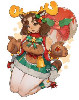 1girl acorn animal_ears antlers apron bare_shoulders bell bow bowtie brown_apron brown_eyes brown_hair brown_mittens buck_teeth christmas clothing_cutout curtained_hair earrings fake_antlers full_body fur_leg_warmers fur_trim gingerbread_man green_bow green_bowtie green_skirt highres holding_acorn holly horns jewelry large_tail leg_warmers marvel marvel_rivals mittens official_alternate_costume pantyhose parted_lips red_sweater red_tail reindeer_antlers seiza shoulder_cutout single_earring sitting skirt solo squirrel_ears squirrel_girl squirrel_girl_(marvel) squirrel_tail star_(symbol) sweater tail teeth two-tone_tail white_pantyhose white_tail yablofap