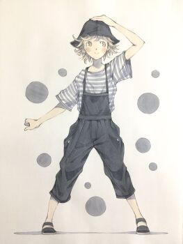 1girl arm_up black_hat black_overalls black_shoes blonde_hair brown_eyes bucket_hat closed_mouth commentary full_body grey_shirt hand_on_headwear hat highres legs_apart original overalls peter_salt shirt shoes short_hair smile solo standing striped_clothes striped_shirt traditional_media