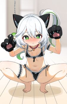 1girl absurdres animal_ears animal_hands arm_garter barefoot bell bikini black_bikini blurry blurry_background blush bongnom cat_ears cat_paws chain chain_leash claws closed_mouth collar commentary cross-shaped_pupils fake_animal_ears female_focus flat_chest frilled_bikini frilled_thigh_strap frills front-tie_bikini_top front-tie_top full_body genshin_impact gloves green_eyes green_hair hair_between_eyes highres indoors jingle_bell leash loli long_hair looking_at_viewer maid maid_bikini multicolored_hair nahida_(genshin_impact) navel neck_bell nose_blush paw_gloves pet_play pointy_ears red_collar side-tie_bikini_bottom side_ponytail solo spread_legs squatting streaked_hair swimsuit symbol-shaped_pupils thigh_strap tiptoes toes two-tone_hair unconventional_maid white_hair