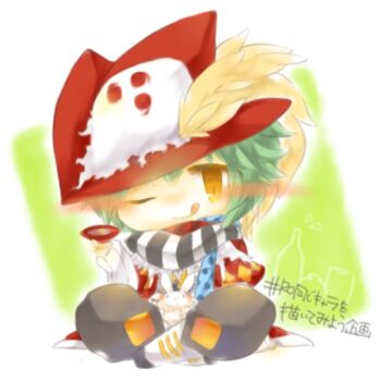 1boy :q black_pants black_scarf chibi chibi_only closed_mouth commentary_request full_body green_hair hat indian_style looking_at_viewer male_focus minstrel_(ragnarok_online) one_eye_closed pants plume rabbit ragnarok_online red_hat scarf short_hair sitting smile solo striped_clothes striped_scarf tongue tongue_out translation_request white_background white_scarf yasiro yellow_eyes