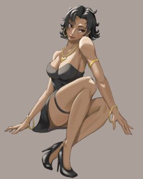 Rule 34 | 1girl, betty boop, betty boop (character), black dress, black eyes, black footwear, bracelet, breasts, dress, earrings, gold earrings, gold necklace, high heels, highres, hoop earrings, jewelry, lipstick, makeup, medium breasts, messy hair, necklace, short hair, sitting, thighlet