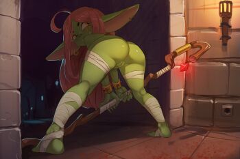 1girl ahoge anus ass bandaged_leg bandages bracelet brown_hair colored_skin earrings female_goblin gekasso goblin green_skin grin highres holding holding_staff huge_ears indoors jewelry long_hair looking_back nude original pointy_ears pussy smile solo staff uncensored yellow_eyes