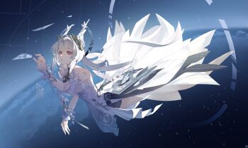 1girl absurdres arm_up commentary_request earth_(planet) fingernails floating floating_headgear frilled_cuffs headgear highres liv:_limpidity_(pgr) liv_(pgr) looking_ahead mizu_moku_shio nail_polish parted_lips planet punishing:_gray_raven purple_eyes purple_nails shoulder_tattoo solo space tattoo white_hair white_wrist_cuffs wrist_cuffs