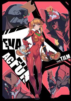 1girl 2others absurdres acfun acfun_girl animal animal_on_ass animal_on_hand ayanami_rei ayanami_rei_(cosplay) bodysuit breasts brown_hair bun_cover copyright_name cosplay curvy double_bun eva_02 fps_xilou full_body hair_bun highres ikari_shinji ikari_shinji_(cosplay) mecha_pilot_suit medium_breasts monkey multiple_others neon_genesis_evangelion orange_hair plugsuit_(evangelion) red_background red_bodysuit red_eyes souryuu_asuka_langley souryuu_asuka_langley_(cosplay) twintails v-shaped_eyebrows white_hair wide_hips
