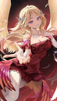 1girl blonde_hair breasts cleavage commentary_request detached_sleeves dress elbow_gloves feathered_wings fingerless_gloves fishnet_gloves fishnets gakuen_idolmaster gloves highres idolmaster jewelry juo_sena kainown large_breasts long_hair looking_at_viewer necklace pantyhose purple_eyes red_dress red_nails sekirara_(idolmaster) solo strapless strapless_dress white_gloves white_pantyhose wings
