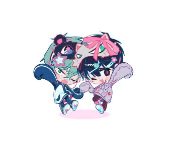 2boys ;d alien_stage arm_up black_eyes black_hair black_mask blue_jacket blue_pants blue_track_suit capybara_roll chibi chibi_only commentary eye_mask fang green_eyes grey_hair grey_sweater ivan_(alien_stage) jacket male_focus mask mask_on_head multiple_boys one_eye_closed open_mouth pants short_hair skin_fang smile star_(symbol) sweater till_(alien_stage) track_suit white_mask