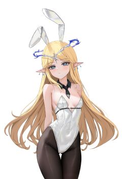 1girl absurdres alternate_costume animal_ears bare_shoulders black_pantyhose blonde_hair blue_eyes blush breasts cartethyia_(wuthering_waves) closed_mouth commentary crown_of_thorns detached_collar earrings fake_animal_ears highres jewelry leotard long_hair looking_at_viewer multiple_earrings pantyhose parted_bangs playboy_bunny pointy_ears rabbit_ears sidelocks simple_background small_breasts solo strapless strapless_leotard tacet_mark_(wuthering_waves) thigh_gap very_long_hair white_background white_leotard wuthering_waves yuridango