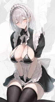 1girl ^_^ absurdres alternate_costume apron arms_between_legs black_bra black_dress black_thighhighs blush bra breasts button_gap cleavage closed_eyes commentary_request dress enmaided framed_breasts frilled_apron frills grey_hair hana_hebi head_tilt highres hololive large_breasts maid maid_apron maid_headdress medium_hair mole mole_on_breast neck_ribbon open_clothes open_dress ribbon shirogane_noel short_sleeves sitting smile solo sweatdrop thick_thighs thighhighs thighs underwear v_arms virtual_youtuber white_apron white_ribbon wristband zettai_ryouiki zoom_layer