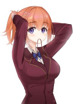 Rule 34 | 1girl, absurdres, arms behind head, blue bow, blue bowtie, blush, bow, bowtie, breasts, cafe stella to shinigami no chou, closed mouth, collared shirt, commentary, diagonal-striped bow, diagonal-striped bowtie, diagonal-striped clothes, hair between eyes, hair intakes, hair ornament, hairclip, highres, jacket, large breasts, long sleeves, looking at viewer, medium hair, mouth hold, orange hair, parallel hairclips, ponytail, purple eyes, red jacket, red ribbon, ribbon, ribbon in mouth, school uniform, shirt, sidelocks, simple background, solo, striped bow, striped bowtie, striped clothes, sucrose kaguya, sumizome nozomi, thick eyebrows, tying hair, upper body, variant set, white background, white shirt