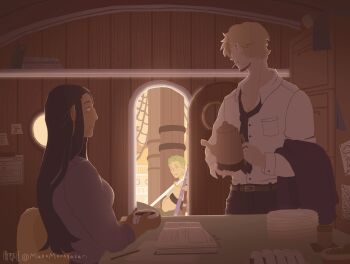 Rule 34 | 1girl, 2boys, absurdres, bandana around arm, black hair, black necktie, blonde hair, cigarette, collared shirt, commentary, cup, english commentary, facial hair, goatee, green hair, highres, holding, holding cup, long hair, makomonogatari, multiple boys, necktie, nico robin, one piece, roronoa zoro, sanji (one piece), shirt, shirt tucked in, short hair, sidelocks, smile, twitter username, white shirt