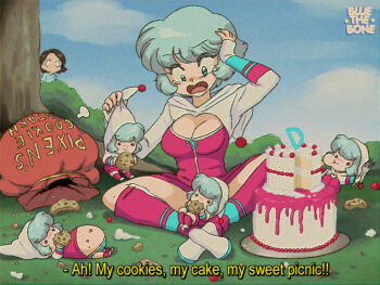1990s_(style) 2girls anime_coloring aqua_hair artist_logo artist_self-insert blue_eyes bluesona_(bluethebone) bluethebone borrowed_character breasts cake chibi cleavage cleavage_cutout clothing_cutout cookie day eating english_text fake_screenshot fictional_persona food logo medium_breasts mini_person minigirl multiple_girls multiple_persona original outdoors pixen_(derpixon) retro_artstyle sack solid_circle_eyes subtitled