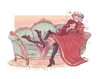 Rule 34 | 2girls, blush, boots, cape, closed eyes, commentary, commission, couch, couple, double bun, edelgard von hresvelg, edelgard von hresvelg (timeskip), english commentary, fake horns, fire emblem, fire emblem: three houses, fire emblem warriors: three hopes, girl on top, hair bun, headpiece, heart, high heels, highres, horns, hug, lying, monica von ochs, multiple girls, nintendo, official alternate costume, on back, on couch, red cape, red hair, rug, sealfarts, white hair, yuri