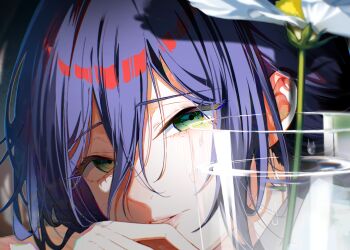 1girl chainsaw_man cup daisy_(flower) drinking_glass flower flower_in_cup green_eyes hair_between_eyes in_container in_cup lips looking_at_viewer multicolored_hair nara_nakiri open_mouth purple_hair red_hair reze_(chainsaw_man) short_hair solo upper_body water white_flower
