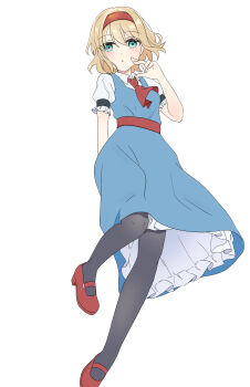 1girl absurdres adapted_costume alice_margatroid arm_behind_back ascot black_pantyhose blonde_hair blue_dress breasts collared_shirt commentary_request dress green_eyes hairband highres looking_at_viewer mary_janes pantyhose pinafore_dress puffy_short_sleeves puffy_sleeves red_ascot red_hairband red_shoes shirt shoes short_sleeves simple_background sleeveless sleeveless_dress solo touhou tsuno_no_hito white_background white_shirt