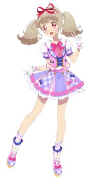 1girl :d aikatsu!_(series) aikatsu_on_parade! brown_hair collared_shirt frilled_gloves frilled_skirt frills full_body gloves hair_ribbon hand_up highres idol_clothes kiseki_raki long_hair looking_at_viewer official_art open_mouth pink_ribbon pink_shirt pleated_skirt puffy_short_sleeves puffy_sleeves purple_shoes purple_skirt red_ribbon ribbon second-party_source shirt shoes short_sleeves simple_background skirt smile socks solo standing tachi-e twintails v white_background white_gloves white_socks