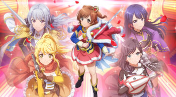 5girls aijou_karen armor black_boots black_gloves black_hair black_jacket blonde_hair blue_eyes blue_jacket boots breasts brown_eyes brown_gloves brown_hair cape cleavage closed_mouth collared_shirt crown epaulettes fingerless_gloves frown full_body fur-trimmed_jacket fur_trim gloves grey_gloves grey_hair gun hair_intakes handgun highres holding holding_gun holding_shield holding_sword holding_weapon jacket jacket_on_shoulders japanese_clothes kimono knee_boots lance long_sleeves looking_at_viewer medium_breasts medium_hair mini_crown multiple_girls official_art ootsuki_aruru orange_jacket orange_skirt petals polearm ponytail purple_eyes purple_hair purple_kimono red_cape red_jacket red_sash red_skirt revolver sash shield shirt short_hair shoujo_kageki_revue_starlight shoujo_kageki_revue_starlight_-re_live- shoulder_armor skirt smile standing sword tomoe_tamao two_side_up upper_body weapon white_jacket white_shirt yanagi_koharu yellow_eyes yukishiro_akira