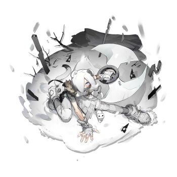 Rule 34 | 1girl, a gui, animal, animal ears, arknights, arm support, blue eyes, fingerless gloves, fingernails, from above, full body, fur trim, gloves, hair over one eye, highres, holding, holding weapon, looking at viewer, mask, mouth mask, ninja, ninja mask, official alternate costume, official art, pants, planted, shirayuki (arknights), shirayuki (wind of breaking blade) (arknights), shirt, shoes, short hair, short sleeves, shuriken, simple background, slit pupils, sneakers, snow, solo, tail, weapon, weasel ears, weasel girl, weasel tail, white background, white gloves, white hair, white pants, white shoes, white theme