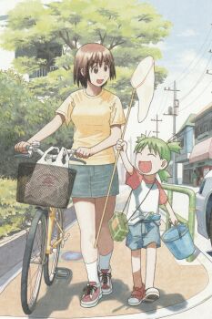 Rule 34 | 2girls, absurdres, ayase fuuka, azuma kiyohiko, bag, bicycle, breasts, brown eyes, brown hair, butterfly net, denim, denim shorts, denim skirt, green eyes, green hair, grocery bag, hand net, highres, koiwai yotsuba, medium breasts, multiple girls, official art, red footwear, shirt, shopping bag, shorts, skirt, volume cover, yellow shirt, yotsubato!