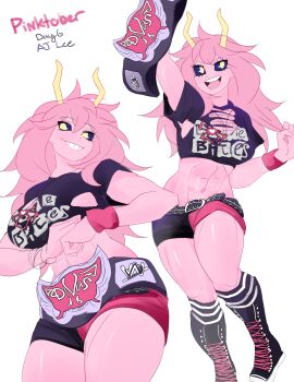 Rule 34 | 1girl, abs, absurdres, aj lee, ashido mina, belt, black sclera, boku no hero academia, breasts, championship belt, colored sclera, colored skin, cosplay, cracking knuckles, english text, female focus, grin, hhholic, highres, horns, large breasts, multiple views, muscular, muscular female, navel, open mouth, pink hair, pink skin, shorts, smile, teeth, tongue, wrestling outfit, wristband, wwe, yellow eyes, yellow horns