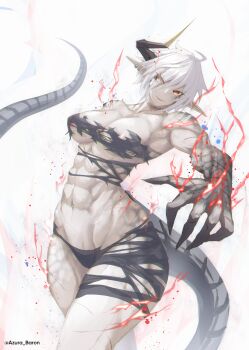 1girl abs absurdres ahoge azura_anblue breasts commentary dragon_girl dragon_horns dragon_tail earrings english_commentary fantasy highres horns jewelry looking_at_viewer medium_breasts muscular muscular_female navel original pointy_ears scales short_hair single_horn solo tail torn_clothes very_short_hair white_hair yellow_eyes
