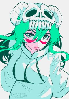 Rule 34 | 1girl, artist name, bleach, breasts, commentary, dress, facial mark, from above, green hair, grey eyes, hair between eyes, highres, huge breasts, lips, long dress, looking at viewer, nelliel tu odelschwanck, red lips, skull on head, smile, solo, umbra (edits umbra), watermark, white dress, wide sleeves